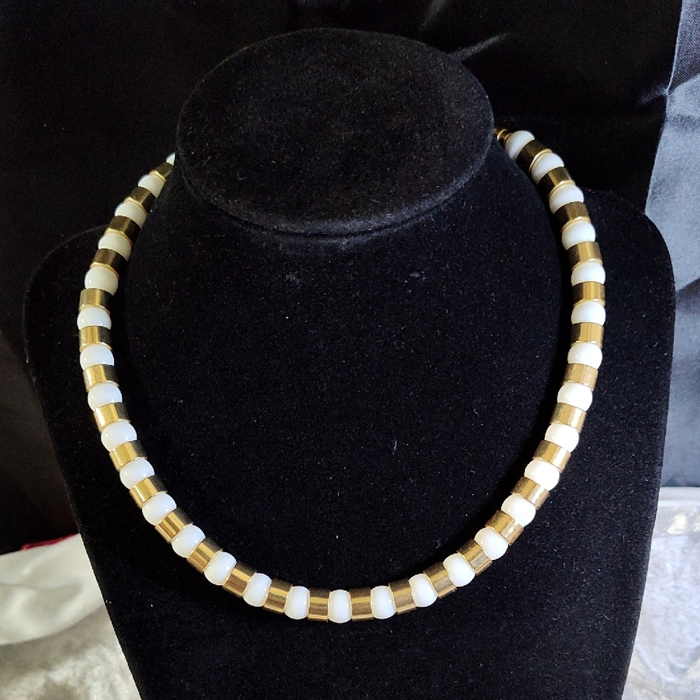Vintage White Beads And Gold Tubes Choker Necklace 31 In Long